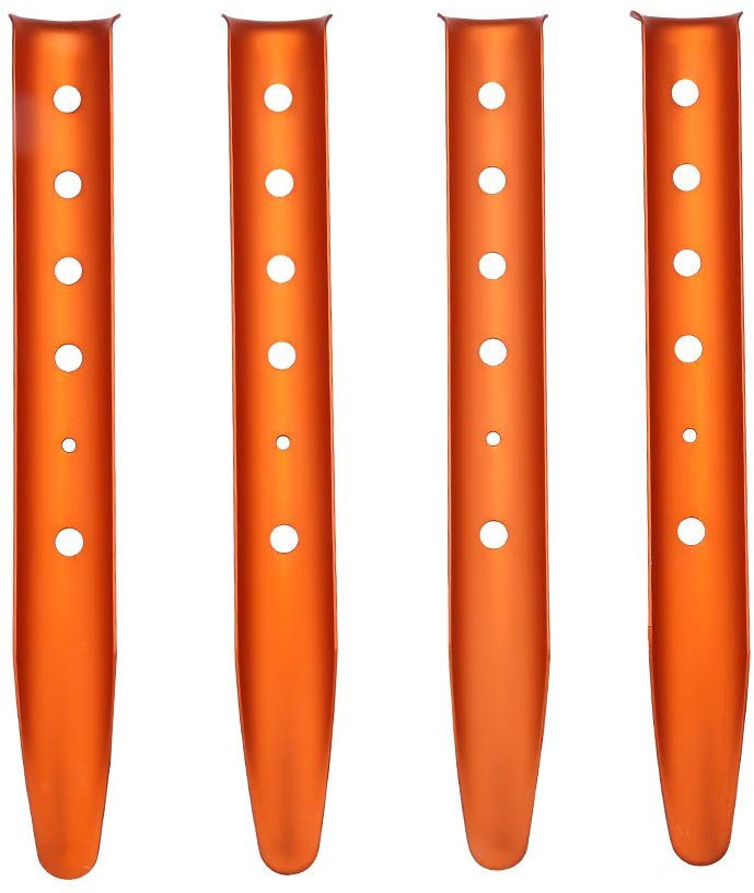 Set of 4 Orange Color Aluminum Tent Stakes for Camping in Sand or Snow - Sturdy Design Withstands Wind and Rain - Suitable for Outdoor Tents, Canopy, Hiking, Backpacking