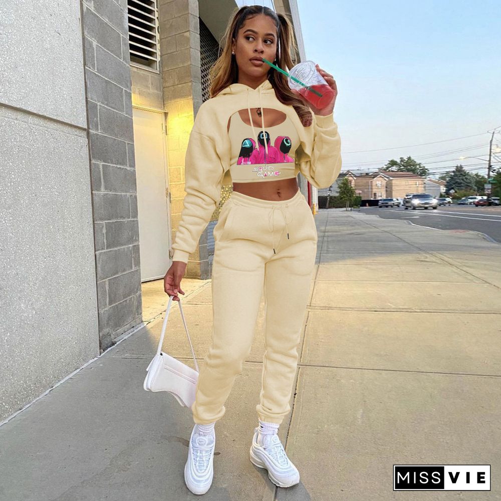 Vest And Crop Top Hoodie Sweatpants Set