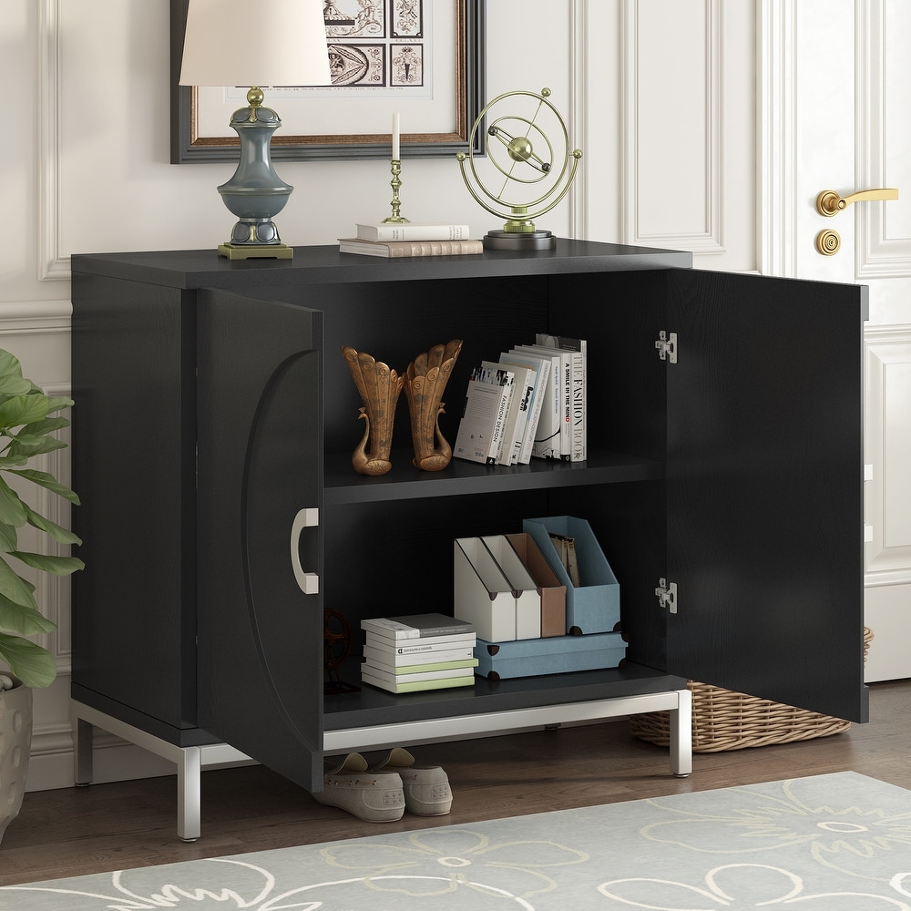 Simple Storage Cabinet Accent Sideboard with Solid Wood Veneer and Metal Leg Frame for Living Room  Entryway  Dining Room