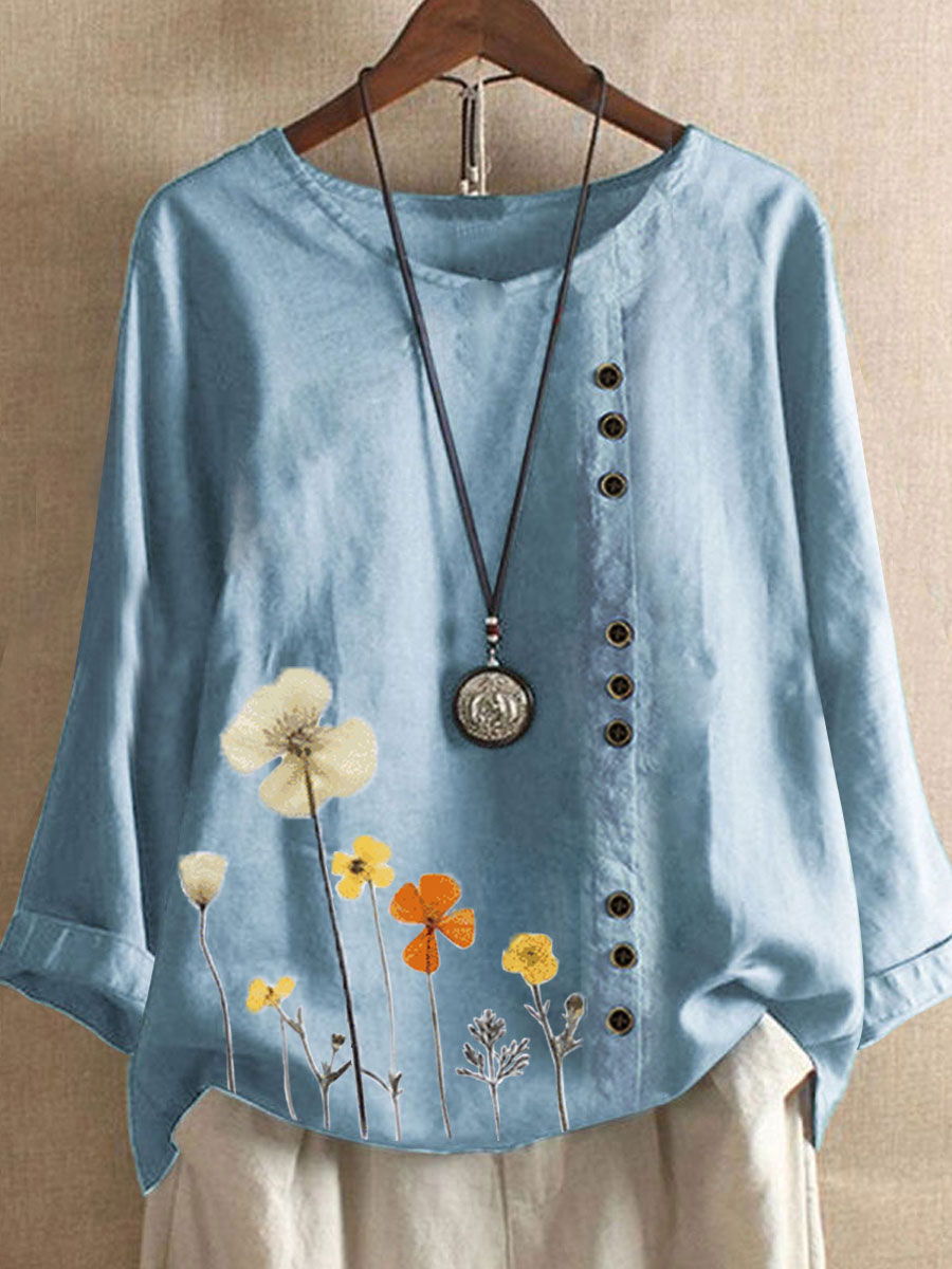 Floral Print Round Neck Cotton And Linen Long Sleeve Blouse