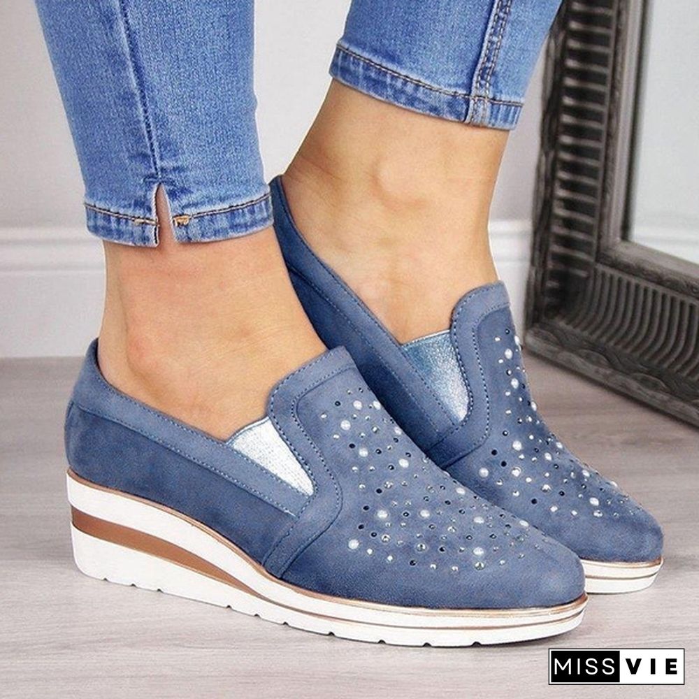 Women Casual Thick Sole Single Shoes Rhinestones Sandals Breathable Wedge Shoes