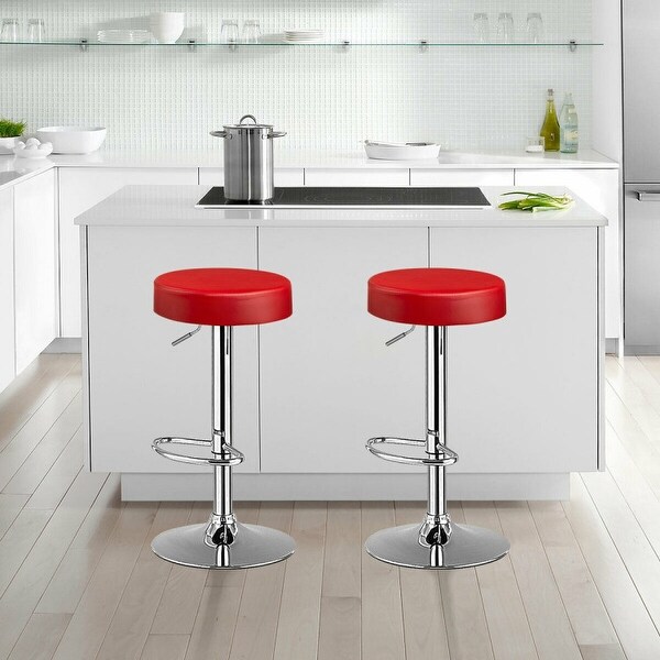 Set of 2 Adjustable Round PU Leather Swivel Barstool with Chrome Footrest-White - 14