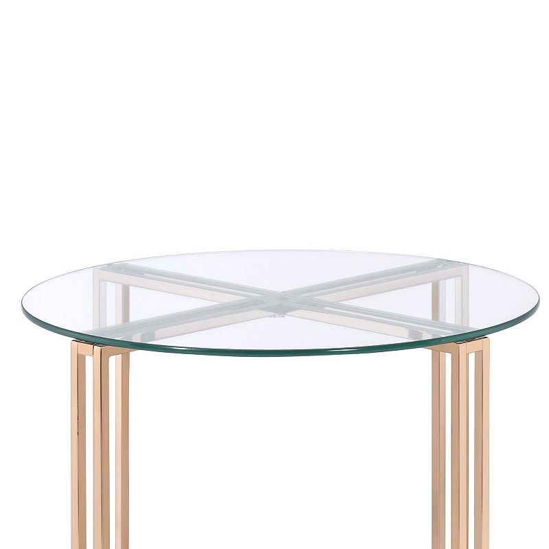 End Table with X Shaped Metal Base and Round Glass Top， Gold