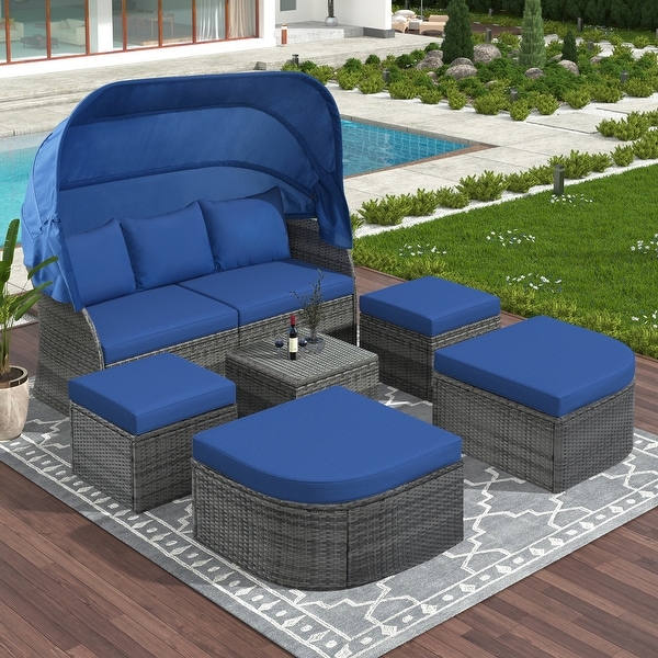 6Piece Outdoor Daybed Set with Retractable Canopy and Conversation Area