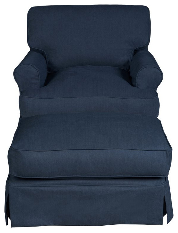 Sunset Trading Horizon T Cushion Fabric Slipcover Chair  ampOttoman in Navy Blue   Farmhouse   Armchairs And Accent Chairs   by Homesquare  Houzz