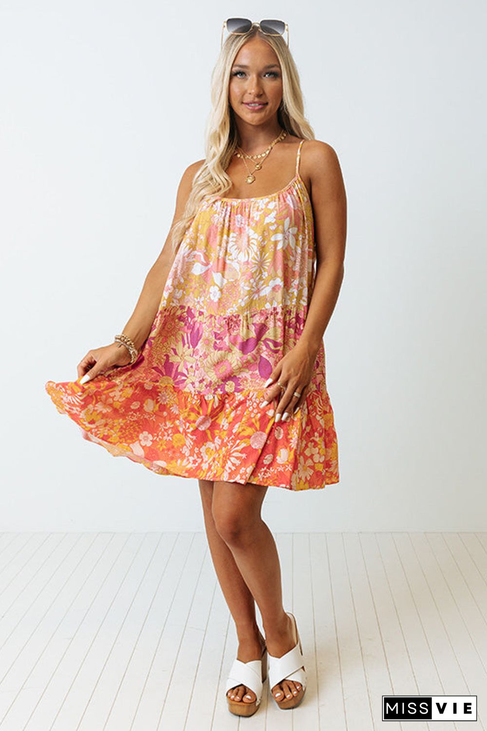 Orange Floral Print Tiered Spaghetti Straps Shift Dress