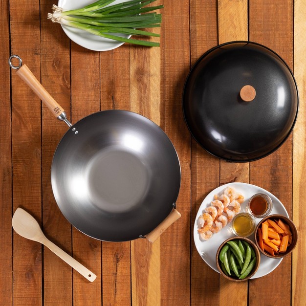 Uncoated Carbon Steel Flat Bottom Wok Silver