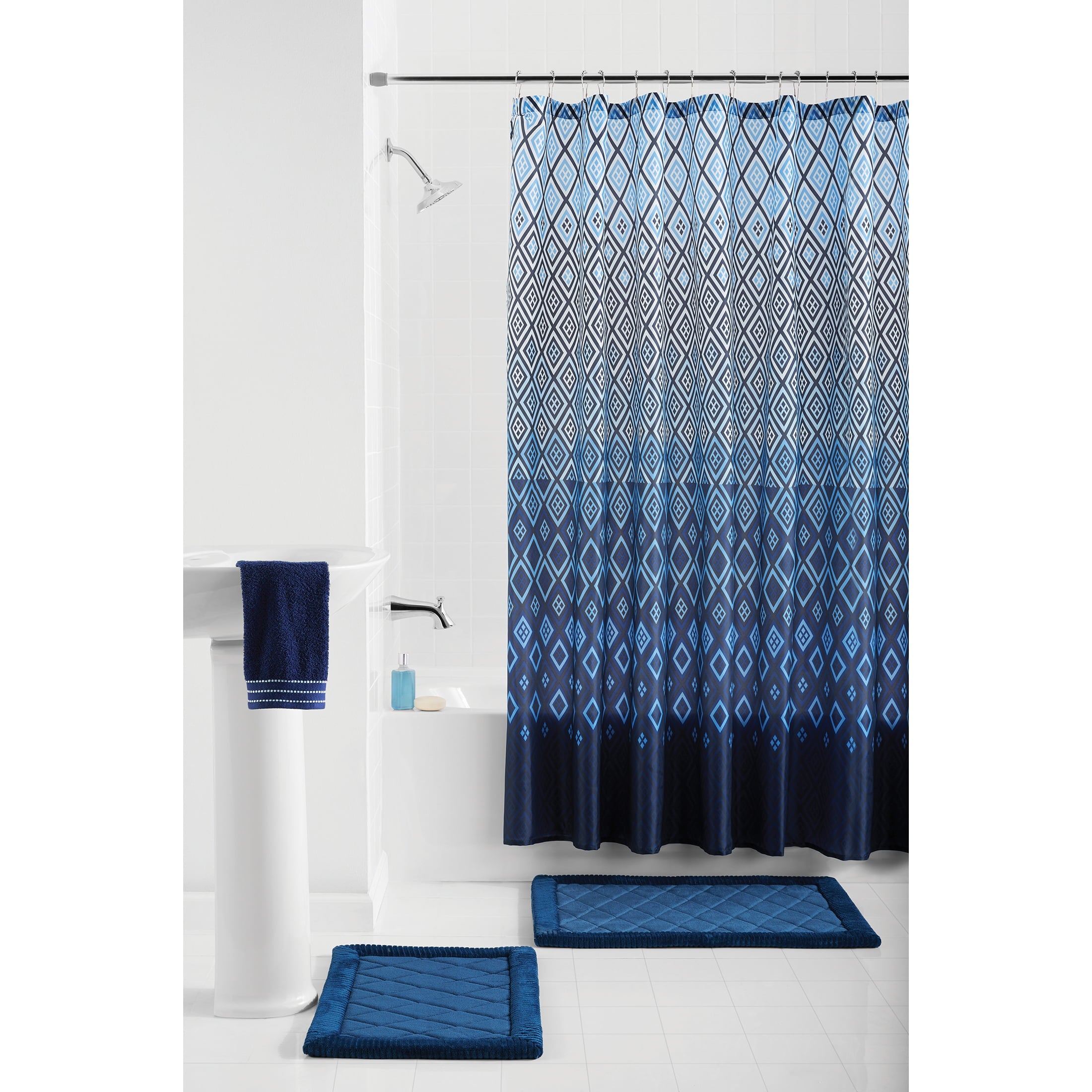 Mainstays Stockholm 15-Piece Geometric Polyester Shower Curtain Set， Navy