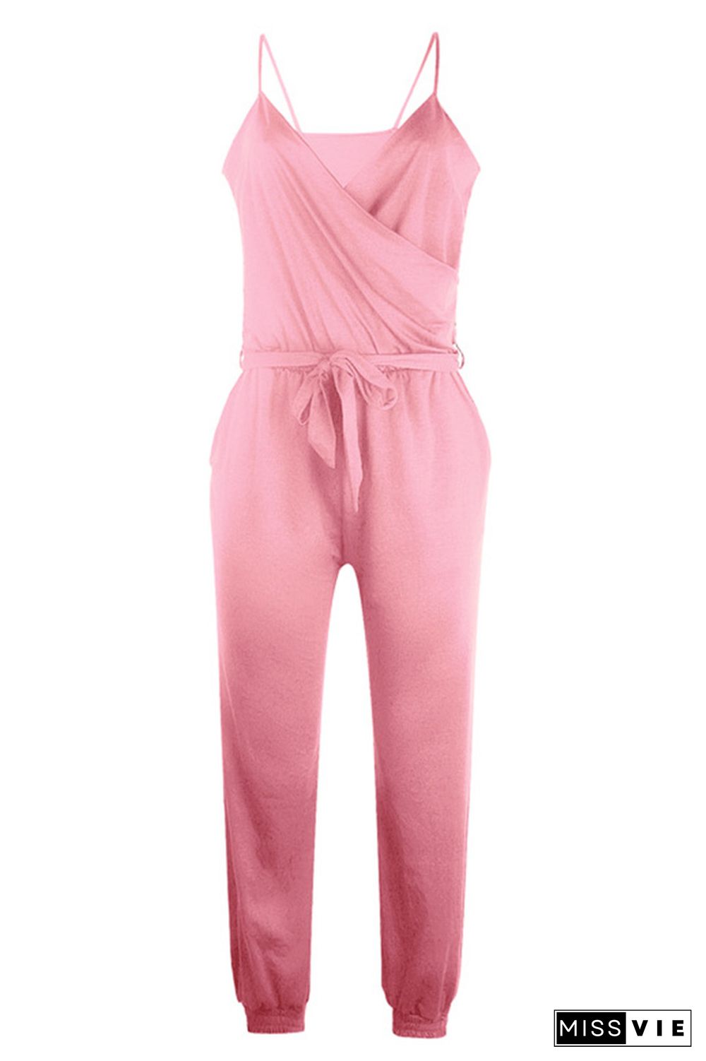 Pink Solid Color Slip Jumpsuit With Belt