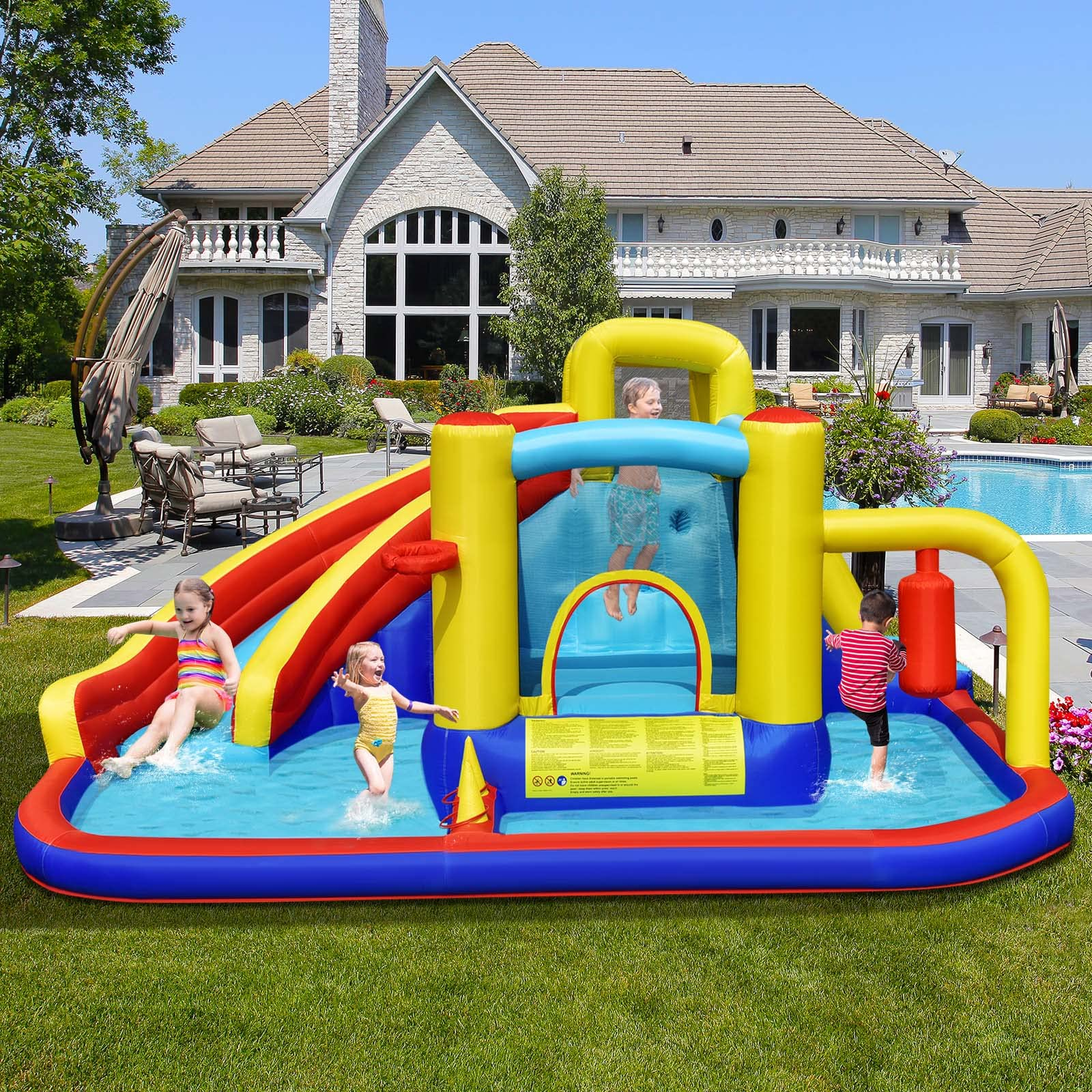 Costzon Inflatable Water Slide, 7 in 1 Outdoor Kids Giant Water Bounce House Jumping Castle Combo