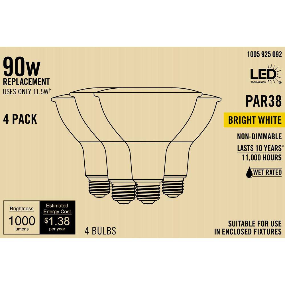 90-Watt Equivalent PAR38 Non-Dimmable Flood LED Light Bulb Bright White (4-Pack) A20PR3890WUL34