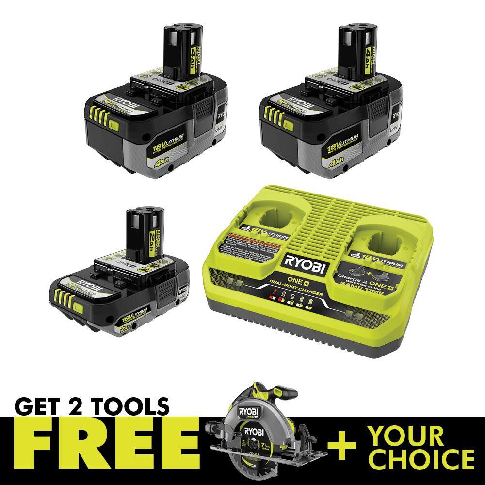 RYOBI ONE+ 18V HIGH PERFORMANCE Kit w (2) 4.0 Ah Batteries 2.0 Ah Battery 2-Port Charger  ONE+ HP Brushless Circular Saw PSK023-PBLCS300B