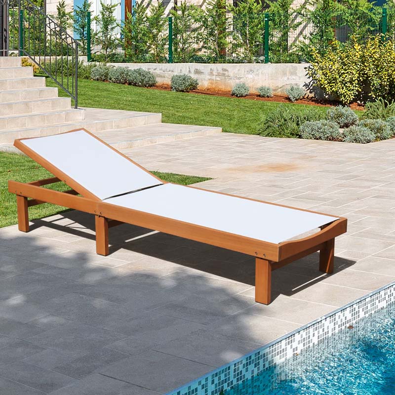 5-Position Wood Outdoor Patio Chaise Lounge Chair Pool Sun Lounger with Breathable Fabric