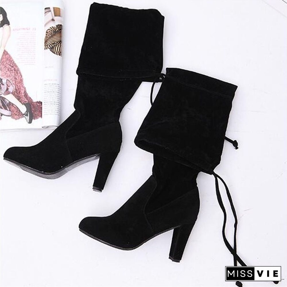 New Women's Fashion Over Knee High Boot Lace Up Sexy Stretch Slim Thigh High Heel Long Thigh Boots Shoes