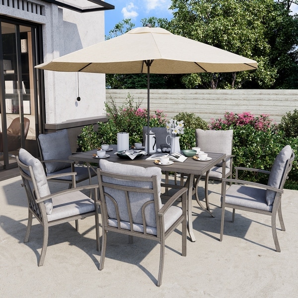 7Piece Aluminum Patio Dining Set with Table and Washable Light Gray Cushions