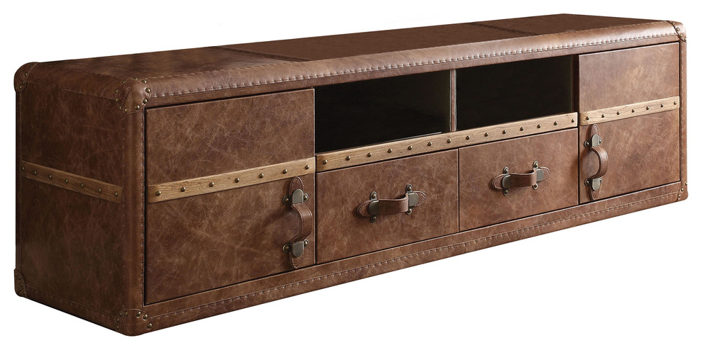 Aberdeen Top Grain Leather TV Stand  Retro Brown   Traditional   Entertainment Centers And Tv Stands   by Acme Furniture  Houzz