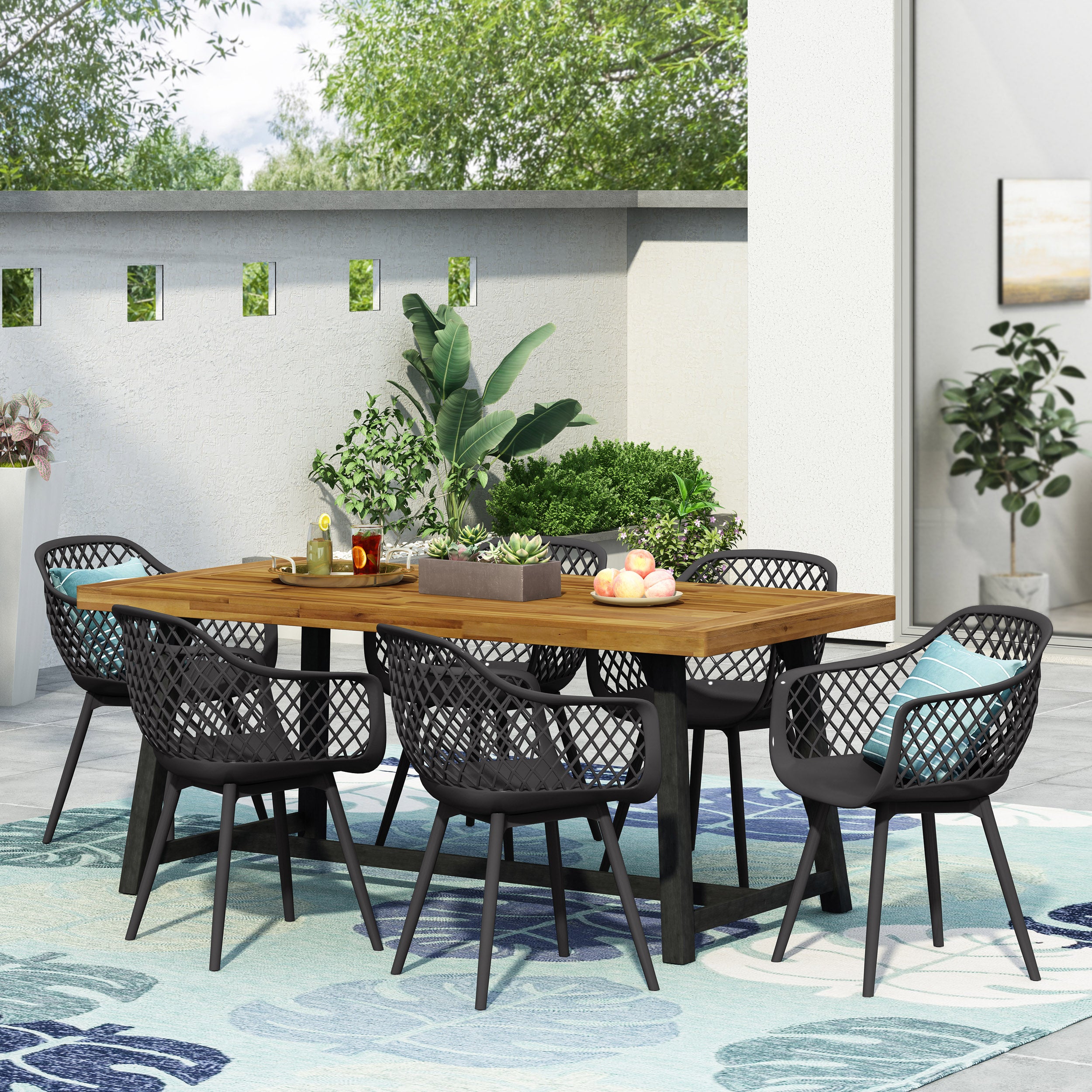 Requeta Outdoor Wood and Resin 7 Piece Dining Set, Black and Sandblasted Teak