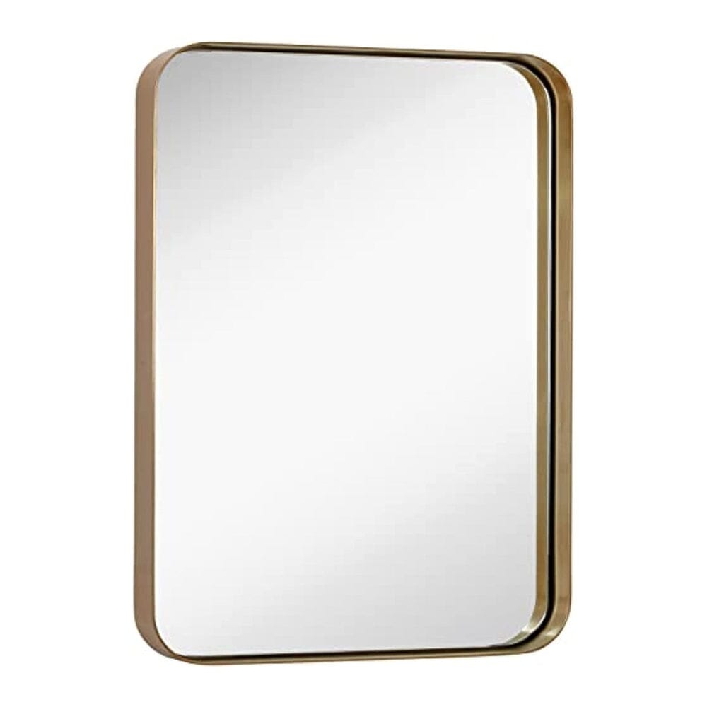 Contemporary Brushed Metal Wall Mirror | Glass Panel Gold Framed Rounded Corner Deep Set Design  (30