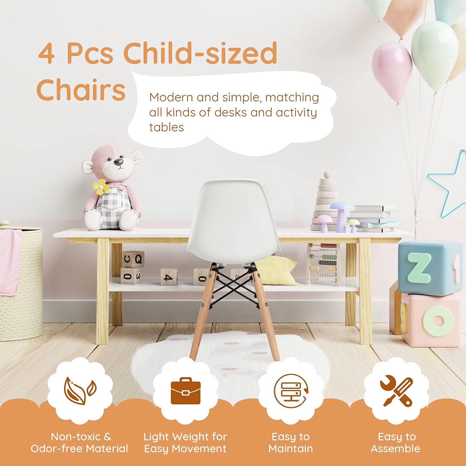 Costzon Kids Chair 4 Pcs, Toddler Chair in Mini DSW Size w/Solid Wood Legs