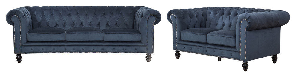 Central Chesterfield 2 Piece Velvet Sofa and Loveseat Set  Blue   Traditional   Living Room Furniture Sets   by Abbyson Living  Houzz