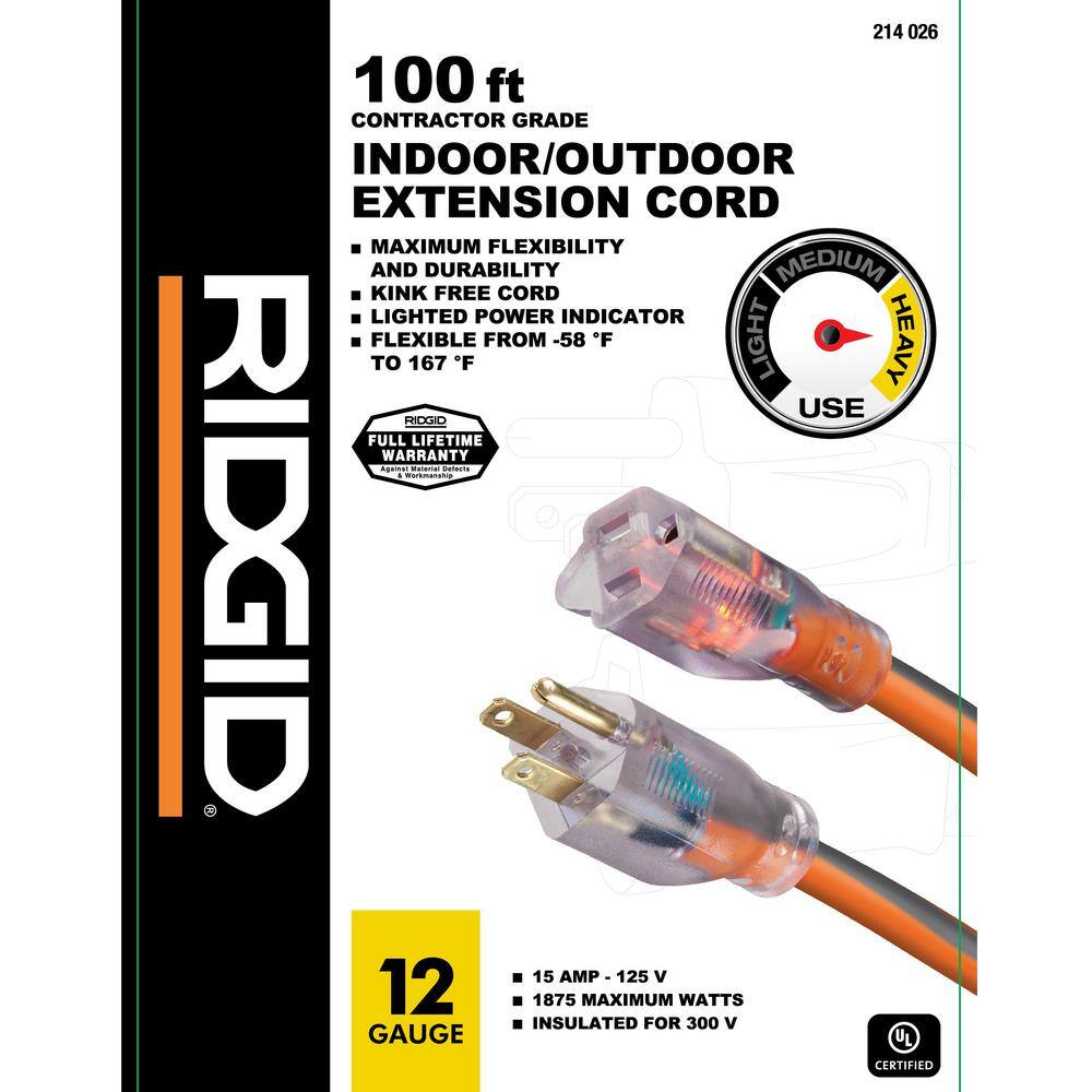 RIDGID 100 ft. 123 Heavy Duty IndoorOutdoor Extension Cord with Lighted End OrangeGrey 74100RGD