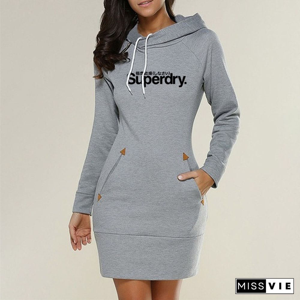 New Ladies Hooded Long Sleeve Dress Spring and Autumn Fashion Print Slim Pocket Dress