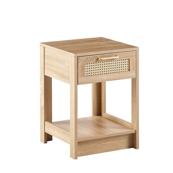 Modern Rattan End table/Side Table with 1 Drawer and 1 Open Shelf