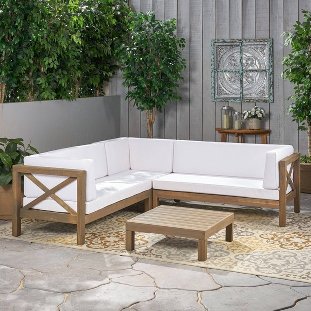 Brava 4pc Wood Patio Chat Set W Cushions White Christopher Knight Home