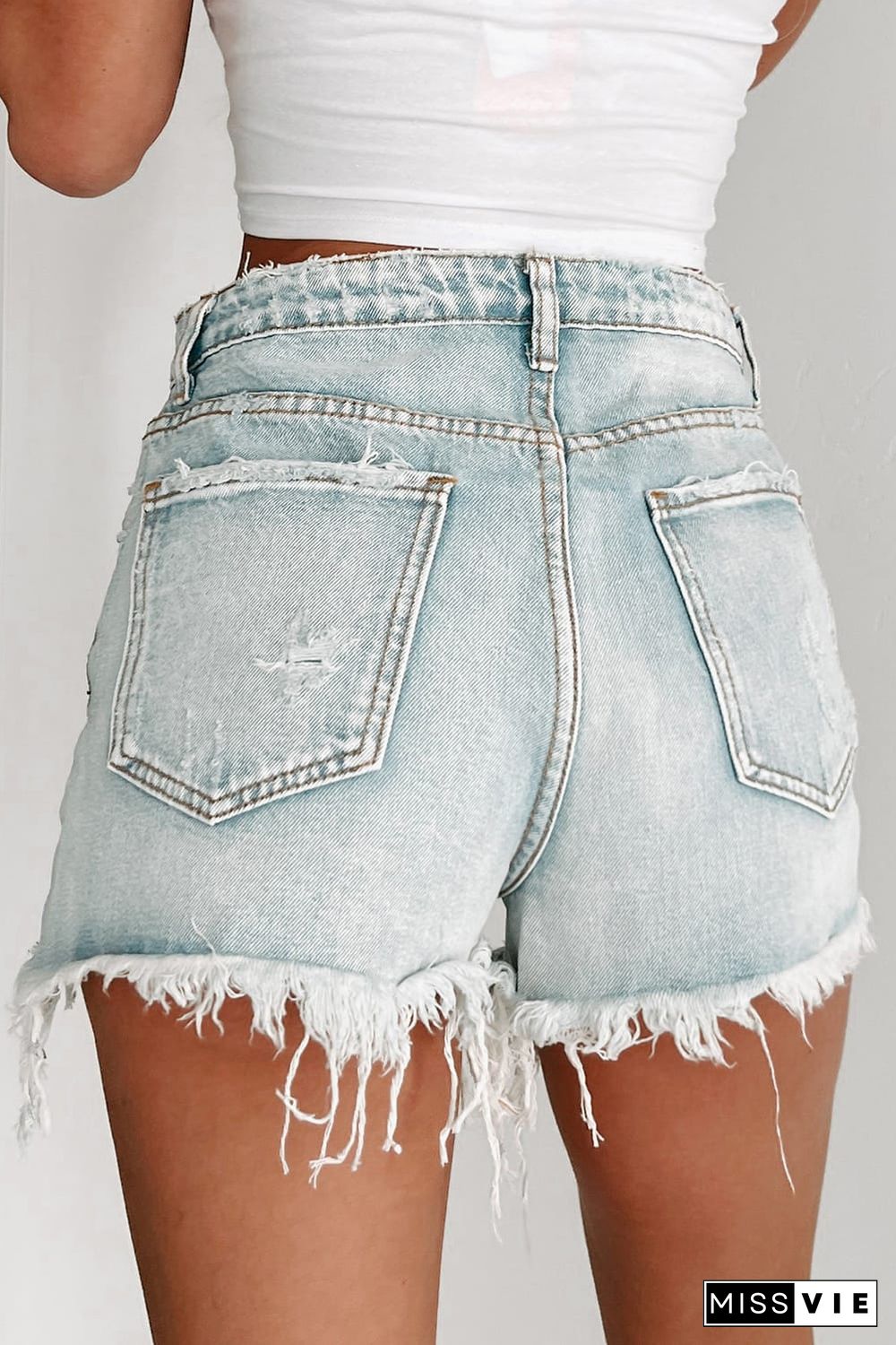 Sky Blue Distressed Raw Hem High Waist Denim Shorts