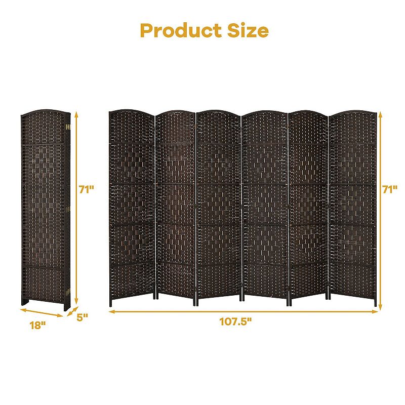 6Ft 6-Panel Weave Folding Fiber Room Divider Screen