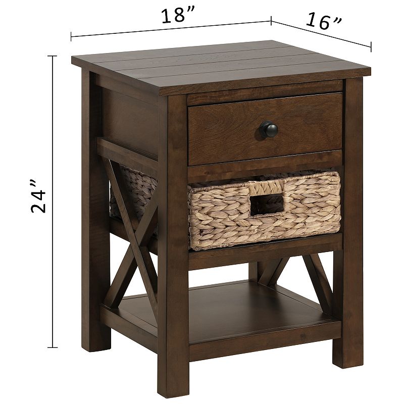 eHemco X-Side Solid End Table Nightstand with Drawer， 2 Storage Shelves and Wicker Basket