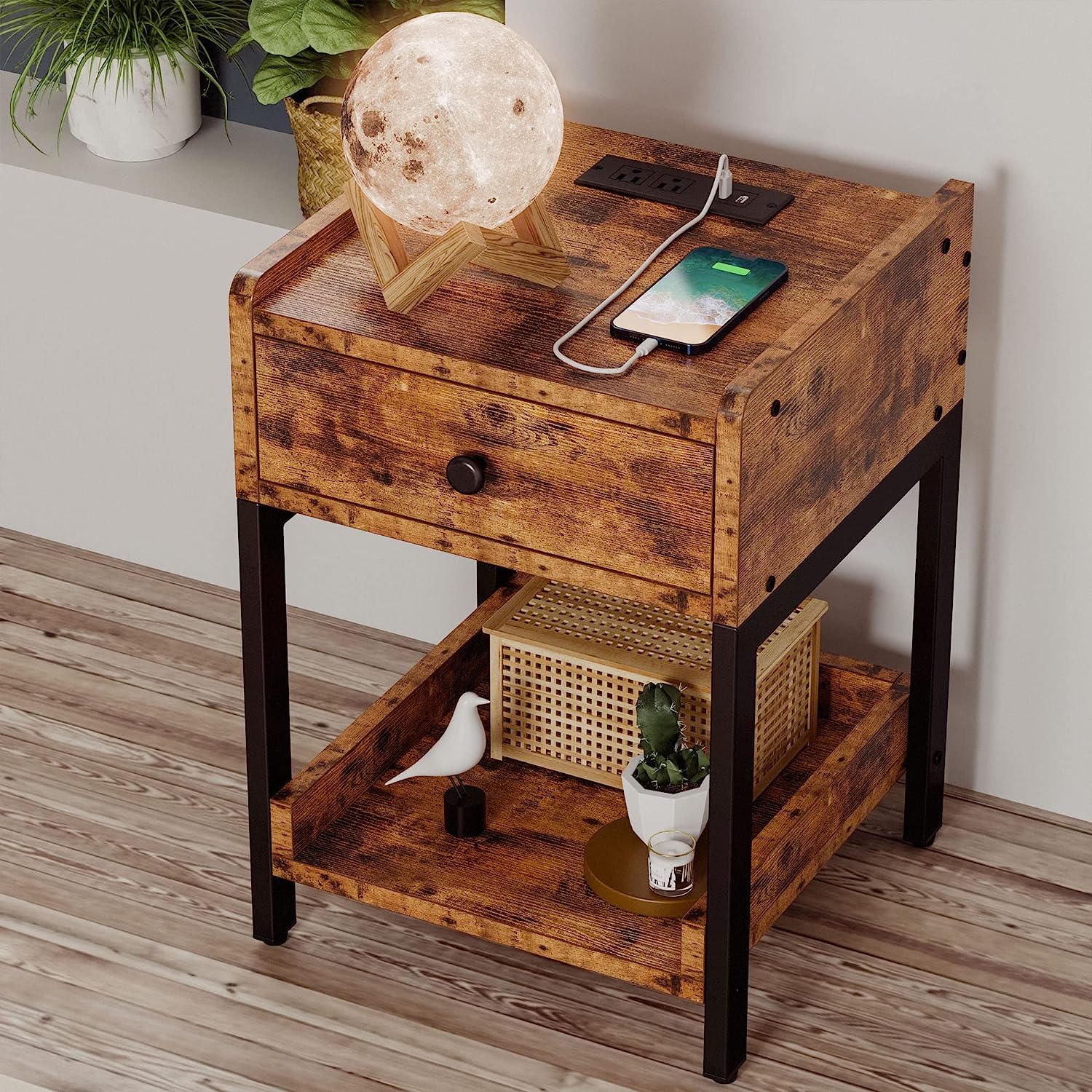 Nightstand Bedside Table with Charging Station, Small End Table with Storage Drawer and Shelf, Vintage Brown