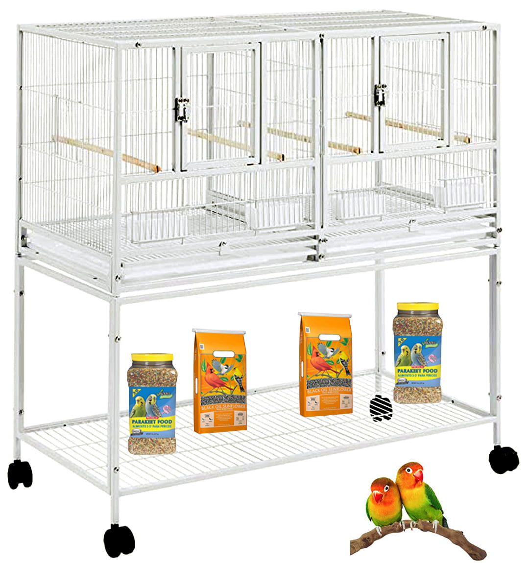 Single Stackable Bird Flight Breeder Cage Center Divider Side Nesting Box Doors Metal Bird Cage with Rolling Stand for Small Birds Lovebirds Finch Canaries Parakeets Cockatiels Budgies