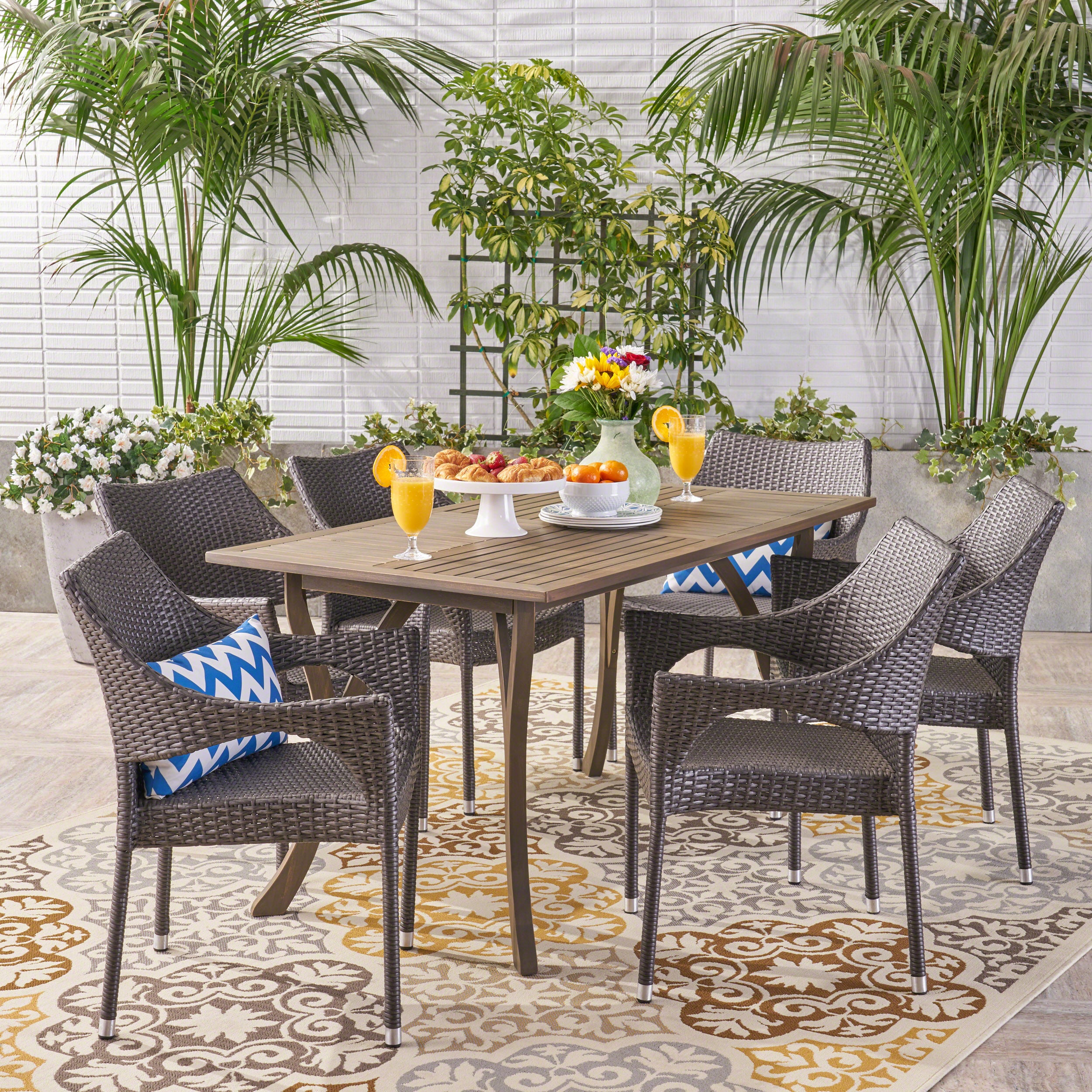 Tyesha Outdoor 7 Piece Wood and Wicker Dining Set, Gray and Gray