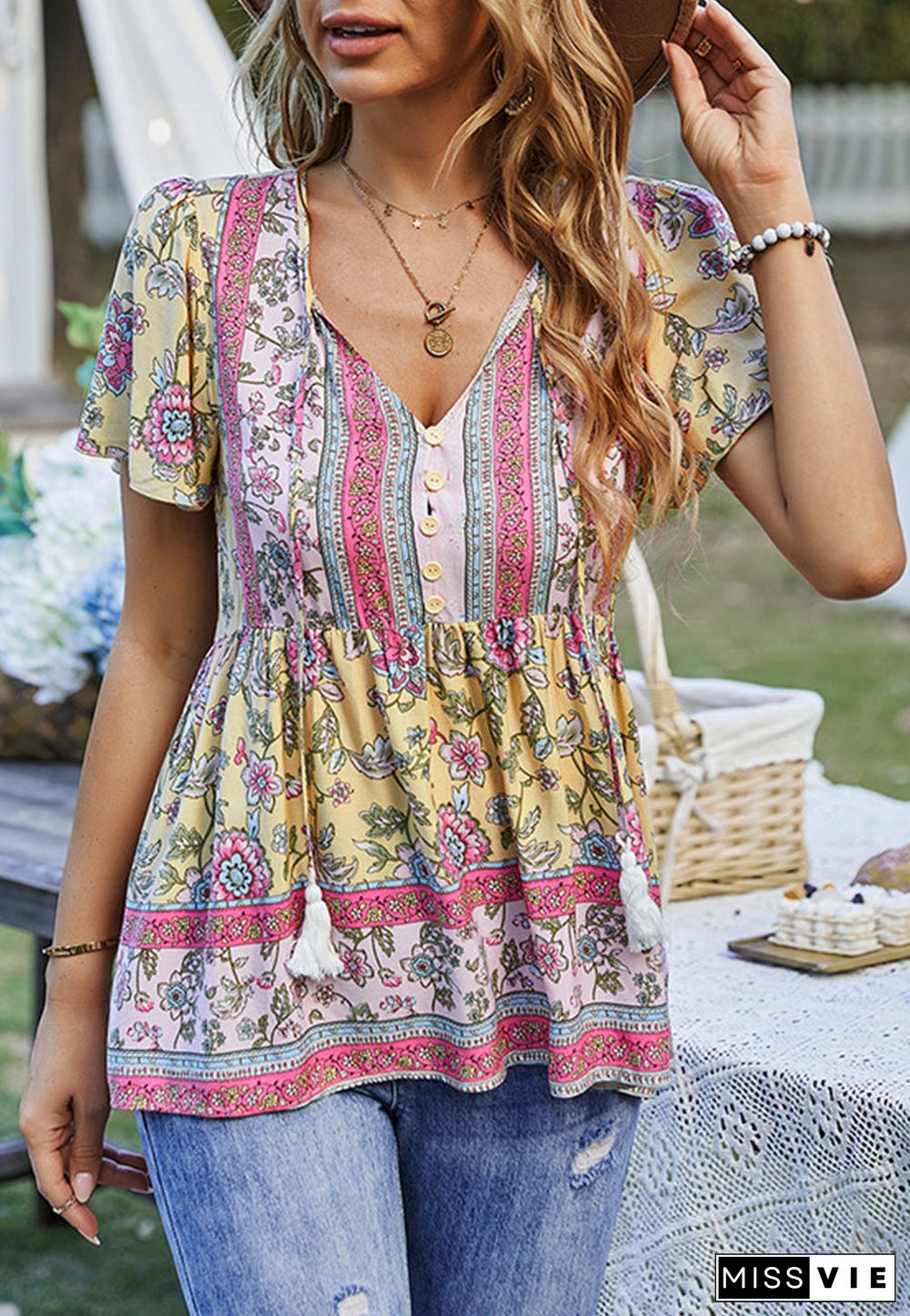 Tie V Neck Peplum Boho Blouse