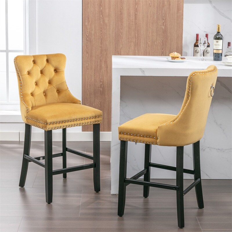 Counter Height Bar Stools Set of 2  Velvet Upholstered Dining Chairs with Nailhead Trim  Wooden Legs  Button Tufted Decor