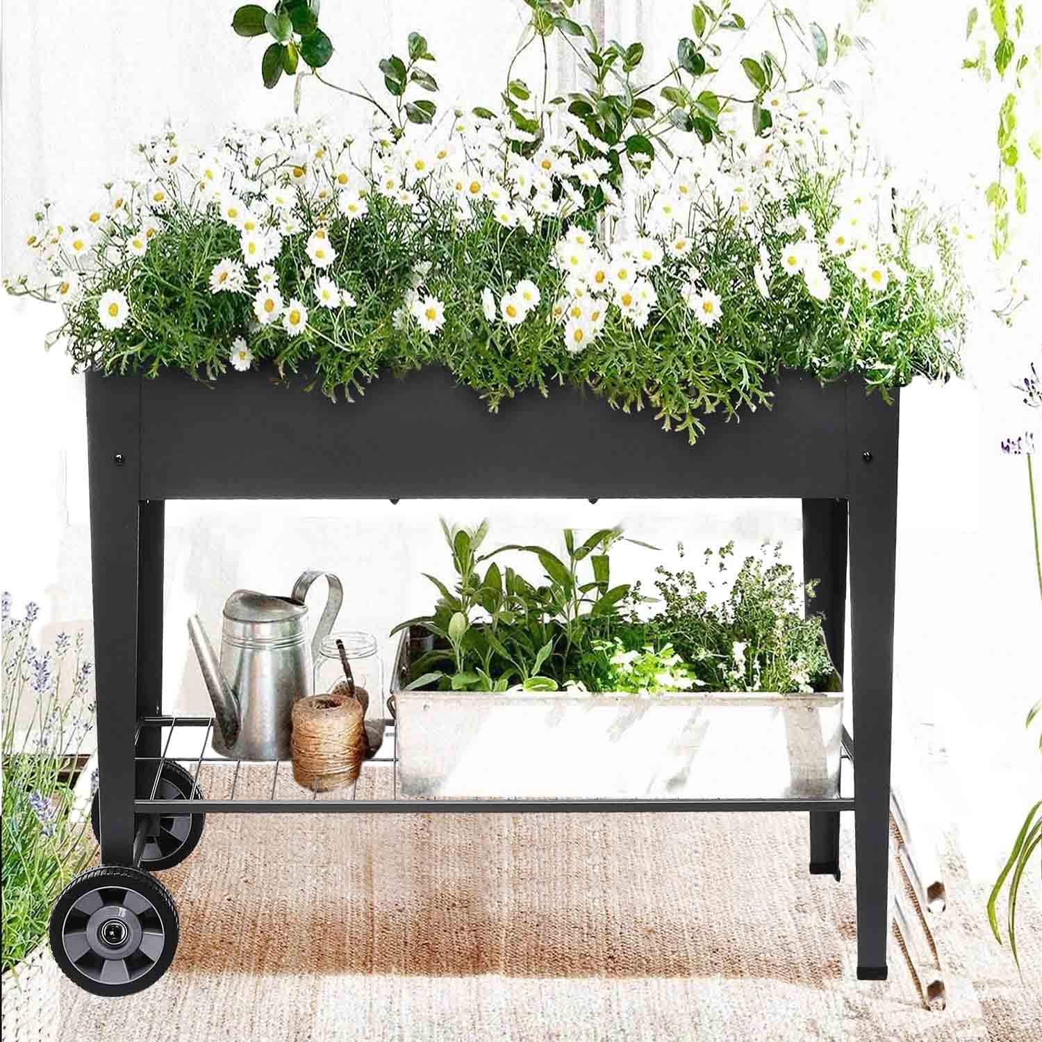 Raised Planter Box with Legs Outdoor Elevated Garden Bed On Wheels for Vegetables Flower Herb Patio