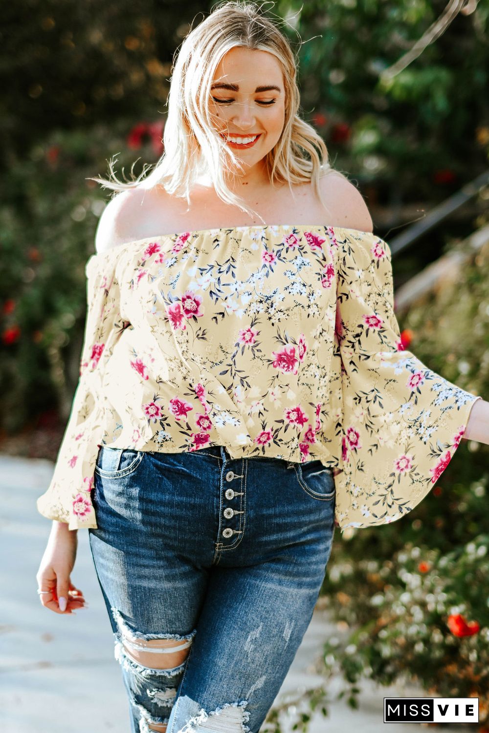 Plus Size Floral Off Shoulder Ruffle Sleeve Top