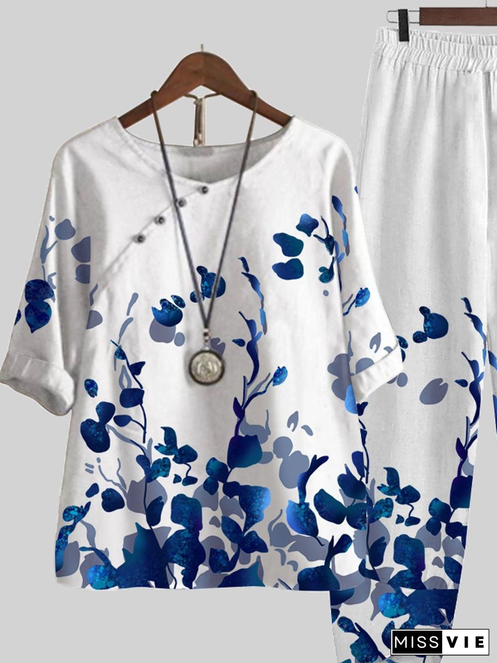 Blue Leaf Print Top And Pants Two-piece Suits