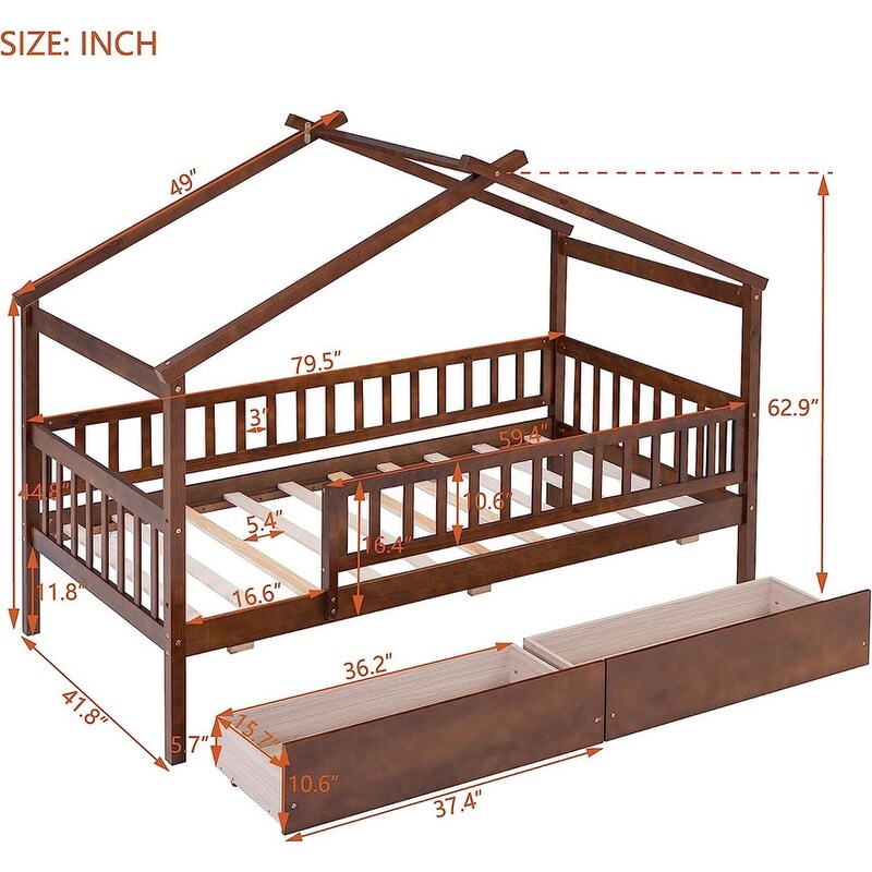 Twin House Bed with 2 Storage Drawers Rails and Roof for Kids