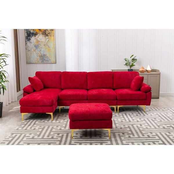 4-pieces European Style Polyester Sectional Sofa with Iron Feet， Removable Cushions， Ottoman Included