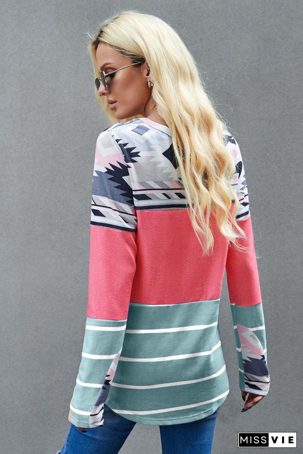 Pink Tribal Striped Long Sleeve T-shirt