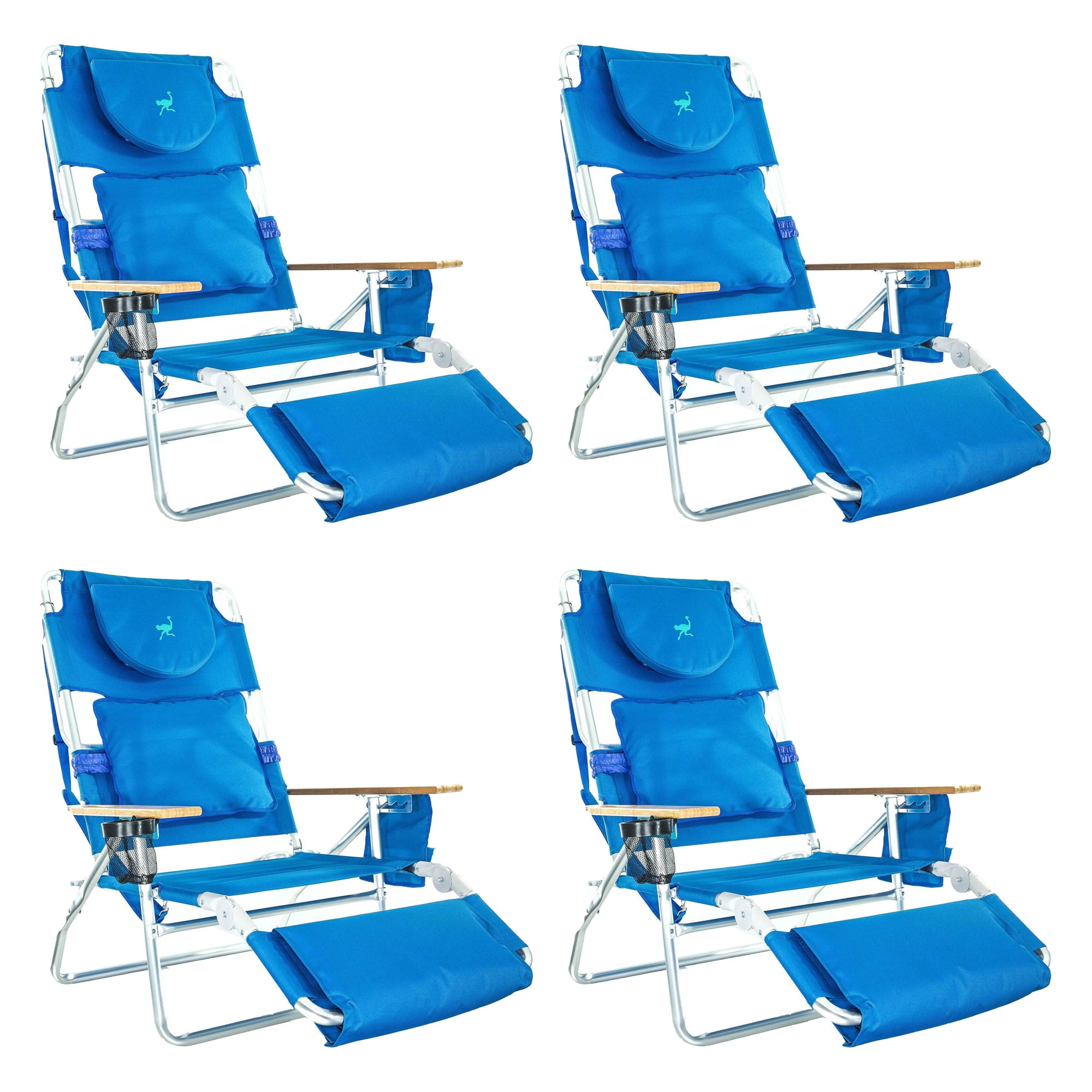 Ostrich Deluxe Padded 3-N-1 Outdoor Lounge Reclining Beach Chair， Blue (4 Pack)