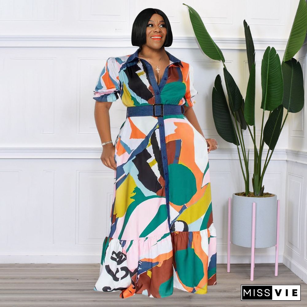 Print Short Sleeve with Sashes Plus Size Dresses