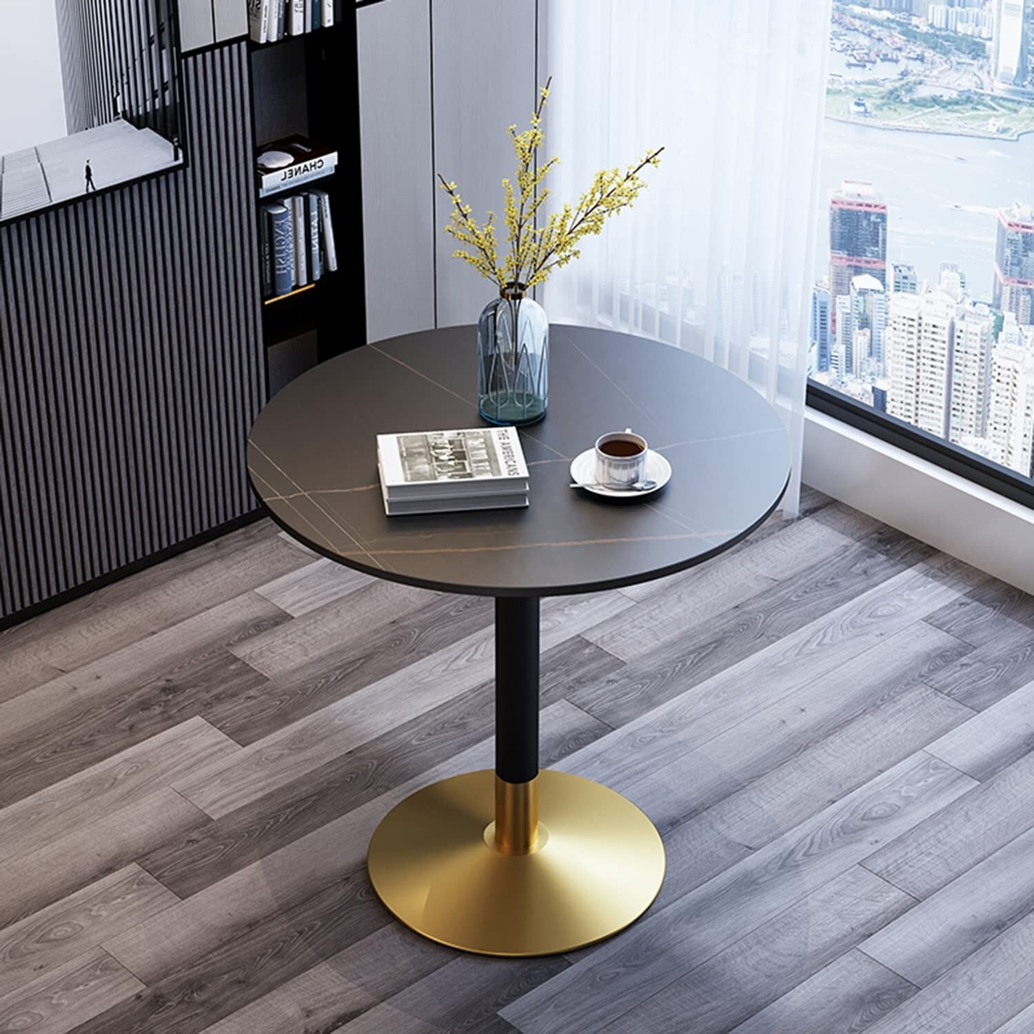 Marble Coffee Table， Round Office End Tables with Metal Base，Marble Sofa Side Table for Living Room Reception Room (Black+Gold)