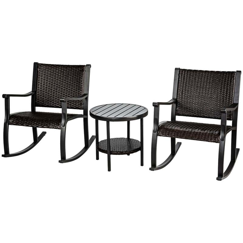 3 Pcs Rattan Patio Rocking Bistro Set with Side Table & Extra Storage Shelf, Outdoor Rocking Chair Furniture Set