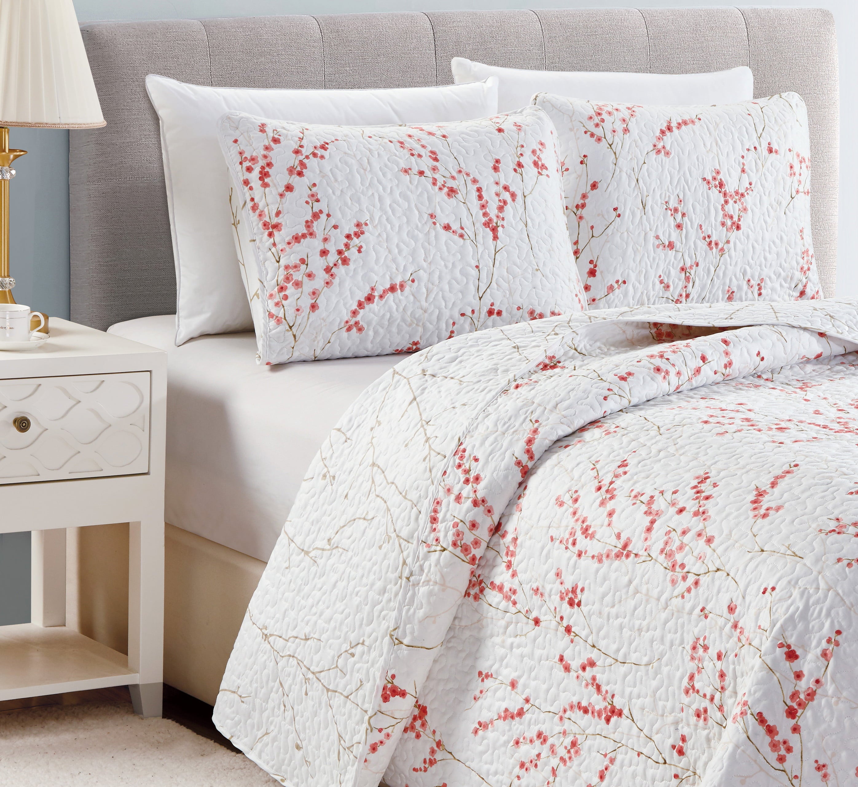 Great Bay Home Cherry Blossom Floral Microfiber Reversible Quilt Set With Shams  (Twin， Cherry Blossoms)