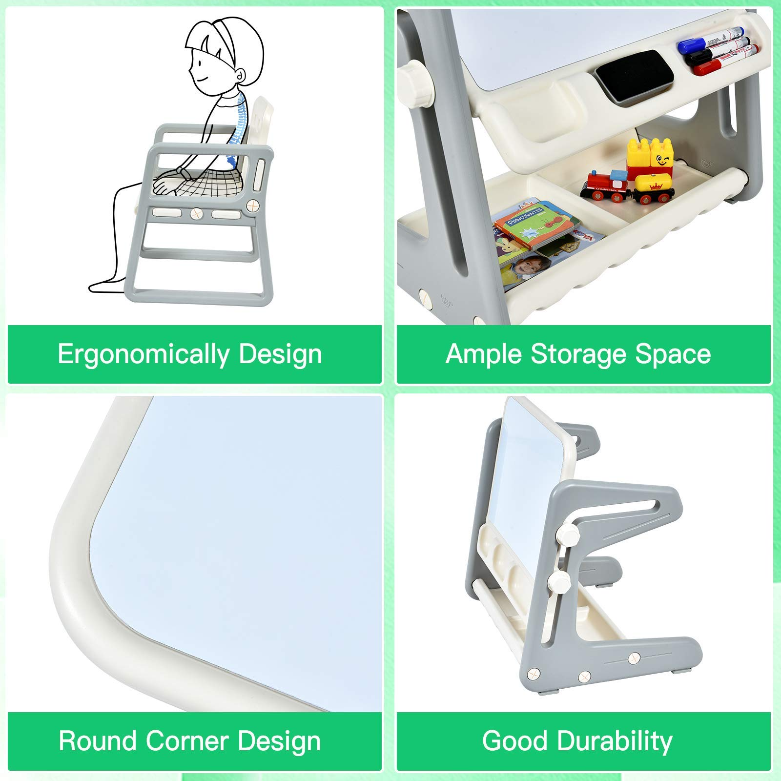 Costzon 2 in 1 Kids Table & Chair, Art Easel w/Adjustable Magnetic Painting Board, Storage Space