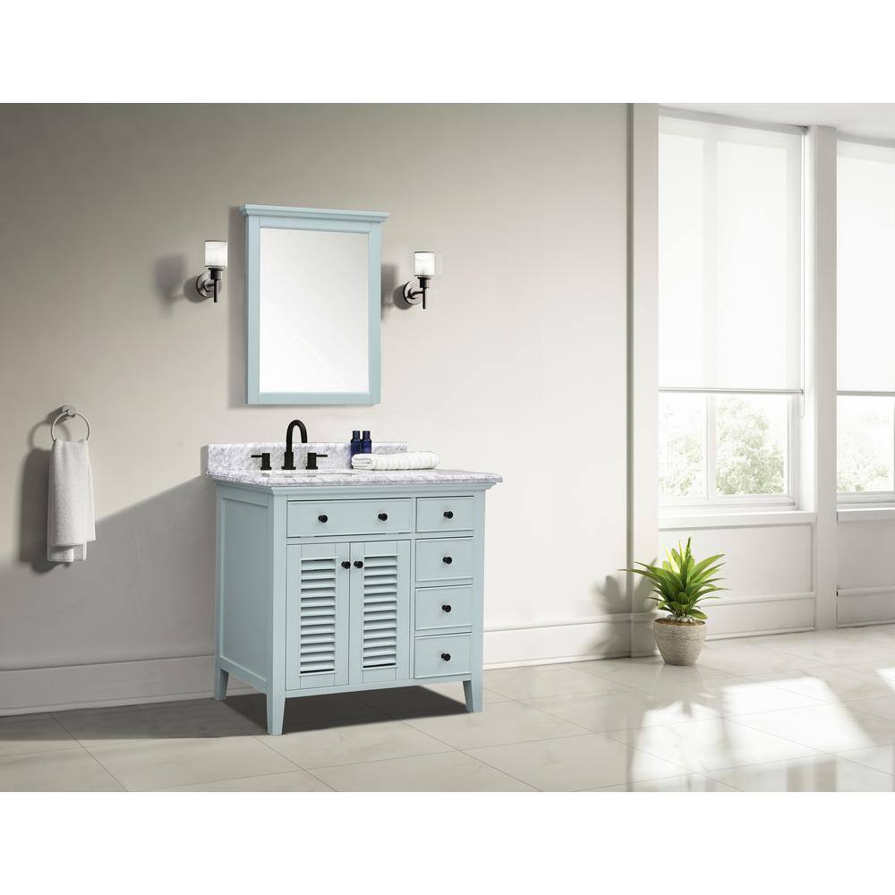 Home Decorators Collection Fallworth 37 in. W x 22 in. D x 35 in. H Bathroom Vanity in Light Green with Carrara White Marble Top 19115-VS37-LG