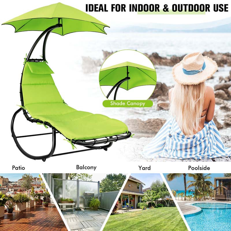 Full-Padded Hammock Chair Swing Patio Sun Lounger with Shade Canopy, Outdoor Chaise Lounge Hanging Chair for Pool Beach Deck